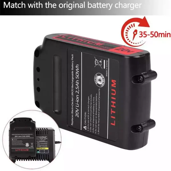 20V 2.5Ah Аккумулятор для Black&Decker LBX4020 LBXR20 LBXR20B LBXR20-OPE LBXR2020 LB20 LBX20 LB2X4020 — изображение 3
